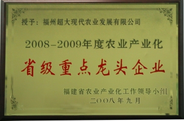 超大獲福建2008－2009年度農(nóng)業(yè)產(chǎn)業(yè)化重點(diǎn)龍頭企業(yè)